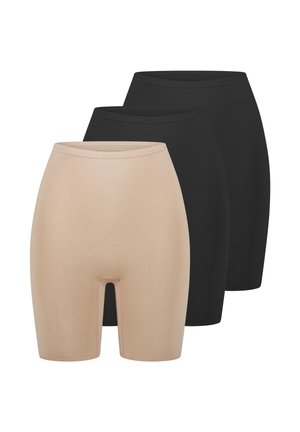 Three pairs of high-waist seamless biker shorts in beige and black, shown stacked with beige in front and two black pairs behind.