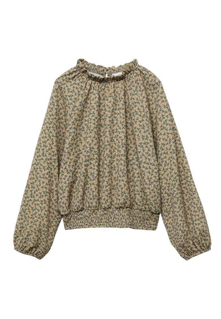 Bluse mit floralem Muster aus leichtem Stoff. Verfügt über einen gerafften, elastischen Ausschnitt und Ärmelbündchen, mit einem gerafften Saum. Die Farben sind sanftes Beige und Grün.