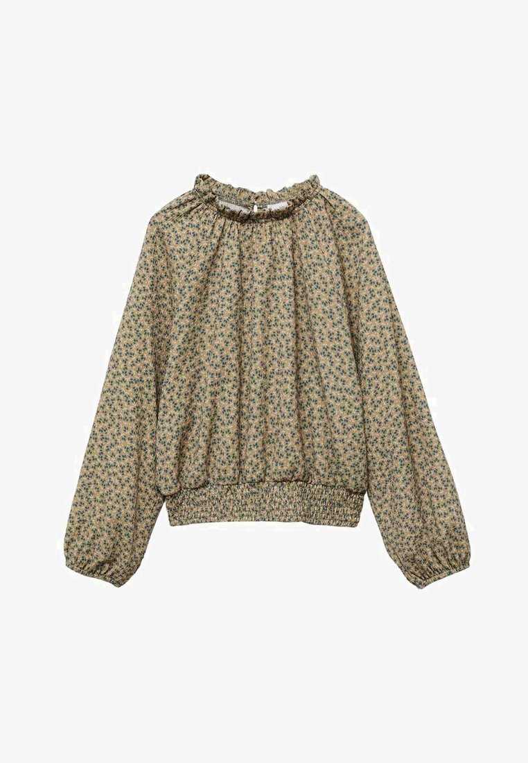 Bluse mit floralem Muster aus leichtem Stoff. Verfügt über einen gerafften, elastischen Ausschnitt und Ärmelbündchen, mit einem gerafften Saum. Die Farben sind sanftes Beige und Grün.