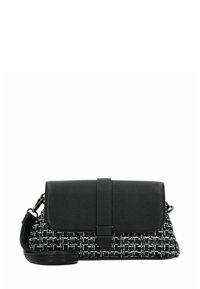 Borsa a tracolla in tessuto intrecciato bianco e nero con pattina e tracolla in pelle nera liscia, dotata di chiusura magnetica e di una forma strutturata.