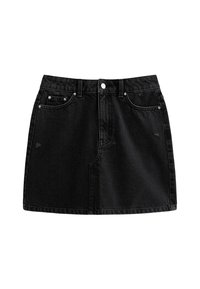 Zwarte denim rok met een rechte snit, voorzakken, een knoopsluiting en subtiele verwerkte details. Gladde textuur en klassiek ontwerp.