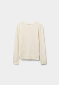 Krämfarbener Pullover mit langen Ärmeln, rundem Ausschnitt und geripptem Saum. Hergestellt aus einem weichen Stoff, mit minimalistischem Design.