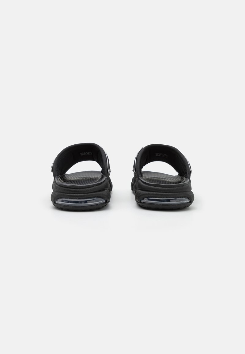 Sandalias negras con correas ajustables, una plantilla texturizada y una suela acolchada con una sección transparente en el talón.