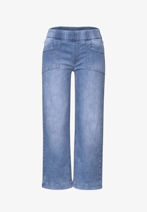 Helleblaue Jeanshosen mit weitem Bein, elastischem Bund und zwei vorderen Taschen. Der Stoff hat eine glatte Textur mit einem leicht abgenutzten Finish.