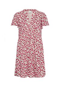 Floral dress in white with red and green patterns, short flutter sleeves, V-neck, and pleated design, made from lightweight fabric.