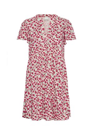 Blumenkleid in Weiß mit roten und grünen Mustern, kurzen, schwingenden Ärmeln, V-Ausschnitt und Falten-Design, aus leichtem Stoff gefertigt.