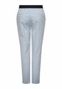 Ljusblå och vit rutiga byxor med mörk elastisk midja, smalnande ben och två bakfickor. Slät tygstruktur.