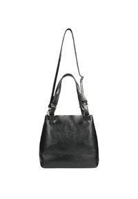 Borsa a tracolla nera in pelle con una superficie liscia, dotata di manici doppi e di una tracolla regolabile. Design semplice e rettangolare senza motivi visibili.