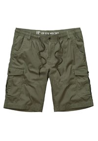 Shorts cargo verts olive en tissu léger, avec poches latérales, taille à cordon de serrage et détails de fermeture à bouton.