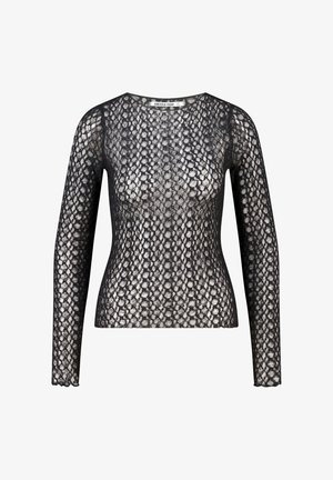 Musta, pitsistä valmistettu pitkähihaisen yläosan, jossa on teksturoitu kalaverkkomainen kuvio. Siinä on pyöreä pääntie ja vartalonmyötäinen siluetti.