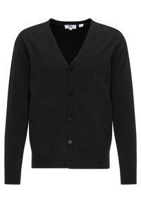 Cardigan nero con scollo a V, chiusura frontale con bottoni, polsini e orlo a costine, realizzato in un materiale morbido e testurizzato. Design classico e versatile.