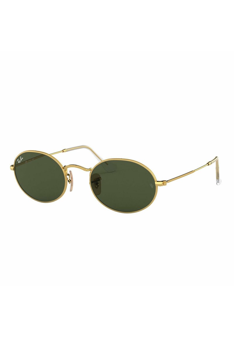 Occhiali da sole ovali in metallo dorato con lenti verde scuro, caratterizzati da montatura sottile, doppio ponte e tappi trasparenti per le orecchie.
