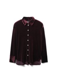 Camicia in velluto bordeaux con maniche lunghe, colletto e bottoni decorativi in argento lungo il davanti. Tessuto liscio con una vestibilità comoda.