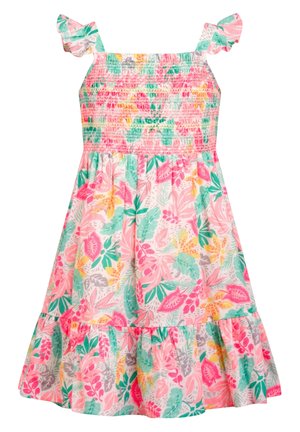 Kwiatowa sukienka z karbowanym gorsetem, falbanianymi ramiączkami i rozkloszowaną spódnicą. Wielokolorowe liście i kwiaty w odcieniach różu, zieleni, żółci i szarości.
