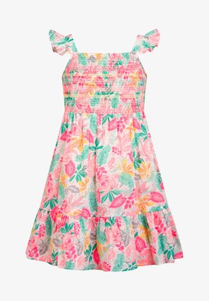 Robe fleurie avec corsage froncé, bretelles volantées et jupe évasée. Feuilles et fleurs multicolores en rose, vert, jaune et gris.