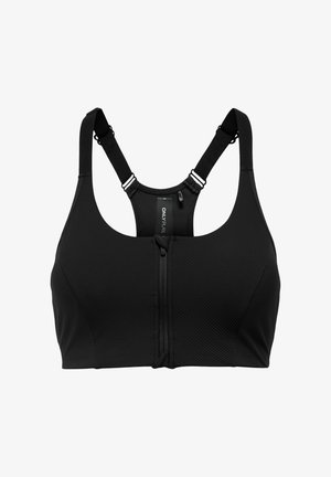 Juoda sportinė liemenėlė su priekyje esančiu užtrauktuku, reguliuojamomis plačiomis petnešėlėmis ir racerback dizainu, pasižyminti subtiliu ribotu tekstūros raštu ir prekės ženklu viduje.