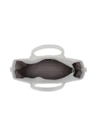 Borsa bianca, realizzata in pelle liscia, dotata di due manici rotondi, chiusura con zip e una morbida fodera interna grigia.