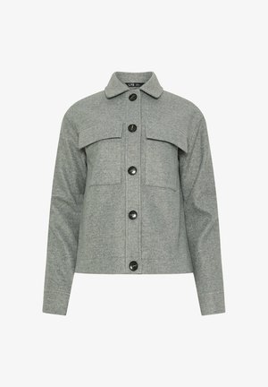 Grijze jas van wolmix met lange mouwen, puntige kraag, vijf zwarte knopen aan de voorkant en twee klepzakken op de borst.