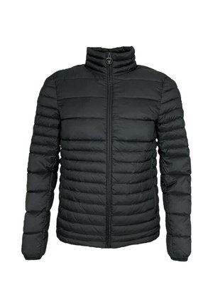 Schwarze Steppjacke mit hohem Kragen, Reißverschluss vorne und horizontalem Steppmuster. Hergestellt aus leichtem, isoliertem Material.