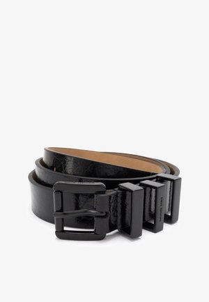 Black leather belt featuring a textured finish, a square black metal buckle, and adjustable sections with visible logo detail.