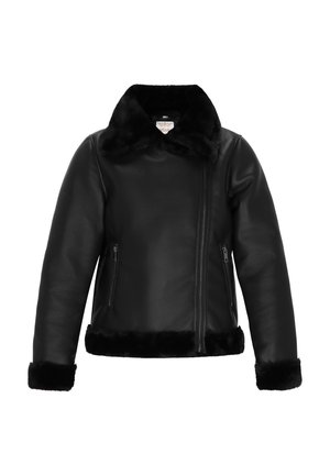 Schwarze Kunstlederjacke mit weichem Fellkragen, -manschetten und -saum, ausgestattet mit einem asymmetrischen Frontreißverschluss und seitlichen Reißverschlusstaschen.