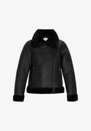 Čierna bunda z umelého koženého materiálu s mäkkým kožúškom na golieri, manžetách a leme, s asymetrickým predným zipsom a zipsovými bočnými vreckami.