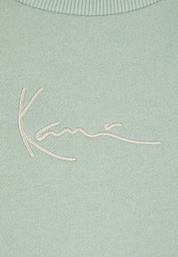 Tissu en maille vert clair avec un texte en cursive blanc brodé, centré près du haut, indiquant "Kani".