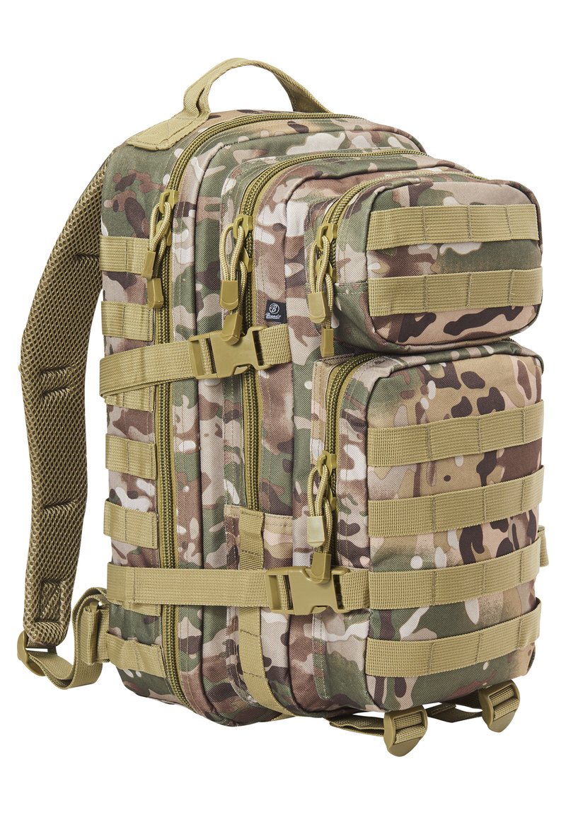 Camouflage backpack with multiple compartments, featuring tan straps and hardware, a textured mesh back, and reinforced attachment points.