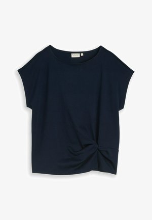 Navyblauwe blouse met korte mouwen, ronde hals en knoopdetail aan de rechteronderkant, maat medium.