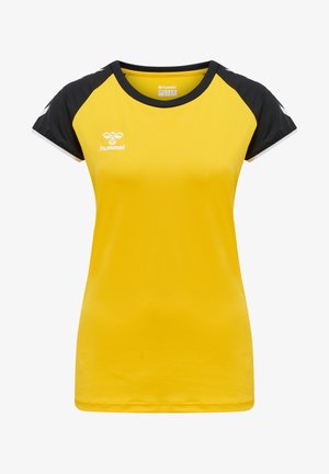 Geel sportshirt met zwarte mouwen en witte accenten. Gemaakt van een gladde stof, met een ronde halslijn en een logo op de borst.