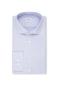 Camicia da uomo slim fit a righe verticali blu e bianche, con collo spread e polsini con bottoni, accuratamente piegata.