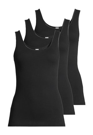 Drei schwarze ärmellose Tanktops mit Rundhalsausschnitt, übereinander gelegt vor weißem Hintergrund präsentiert.
