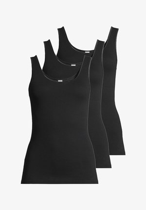 Drei schwarze ärmellose Tanktops mit Rundhalsausschnitt, übereinander gelegt vor weißem Hintergrund präsentiert.