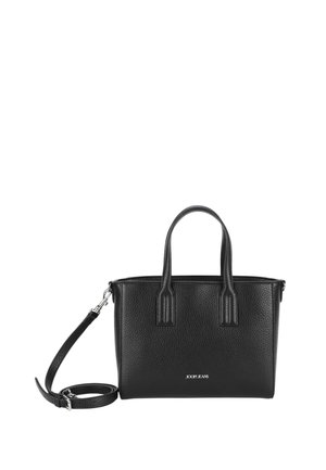 Black leather handbag with textured finish, dual top handles, detachable shoulder strap, and silver logo at the front.