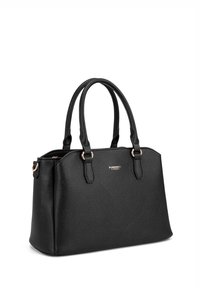 Borsa nera dalla superficie testurizzata con due manici, dettagli in hardware color oro rosa e forma rettangolare. Presenta un logo sul davanti.