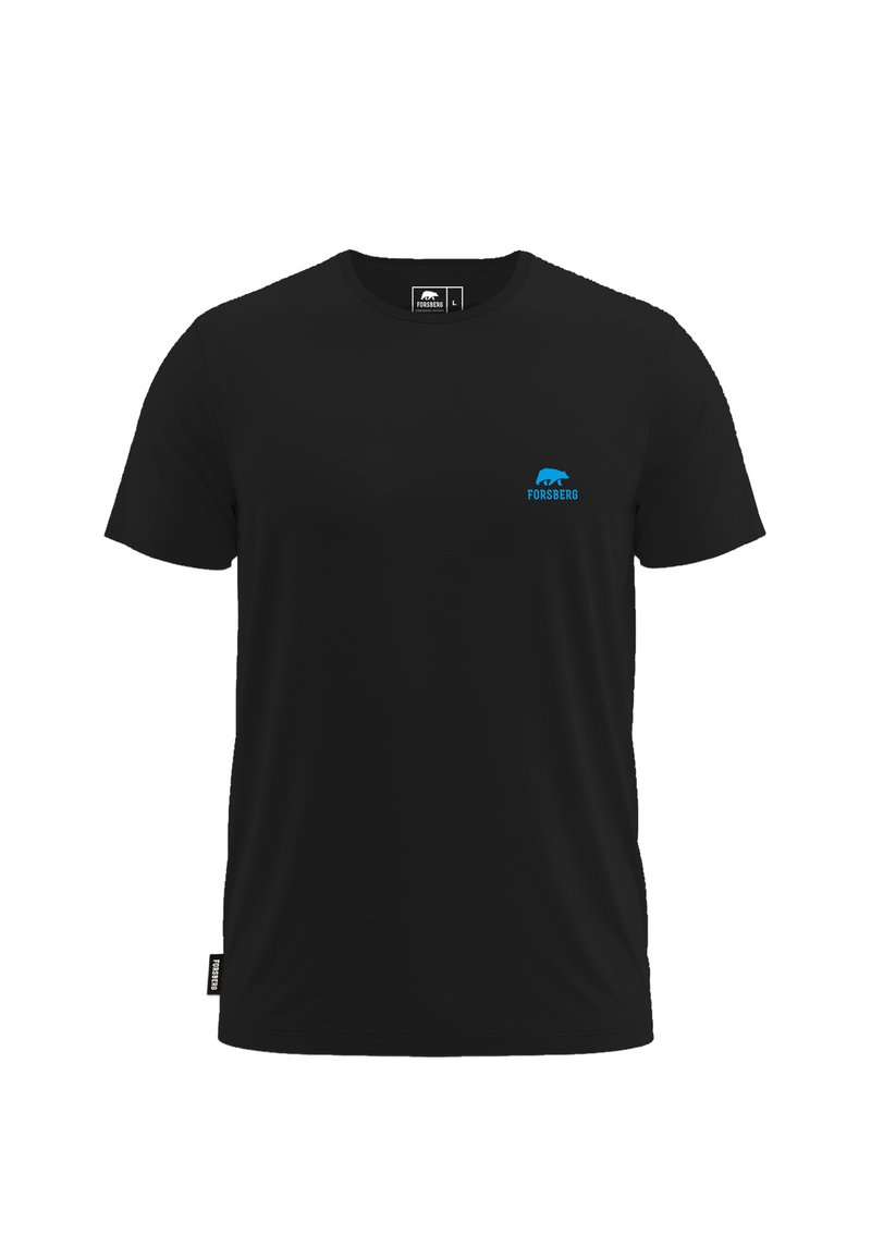 T-shirt nera in misto cotone, con un piccolo logo di un orso blu e la scritta "FORSBERG" sul lato sinistro del petto. Maniche corte e scollatura tonda.