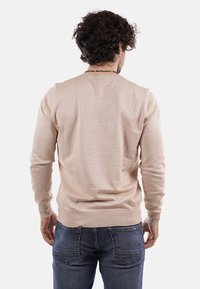 Maglione beige a maglia con maniche lunghe e polsini a costine, visto da dietro. Tessuto morbido, design semplice, vestibilità standard, senza motivi visibili.