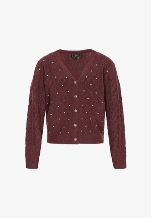 Bordowy dzianinowy kardigan z dekoltem w kształcie V, długimi rękawami, zapięciem na srebrny guzik, małymi srebrnymi koralikami oraz teksturowanym wzorem w diamenty.