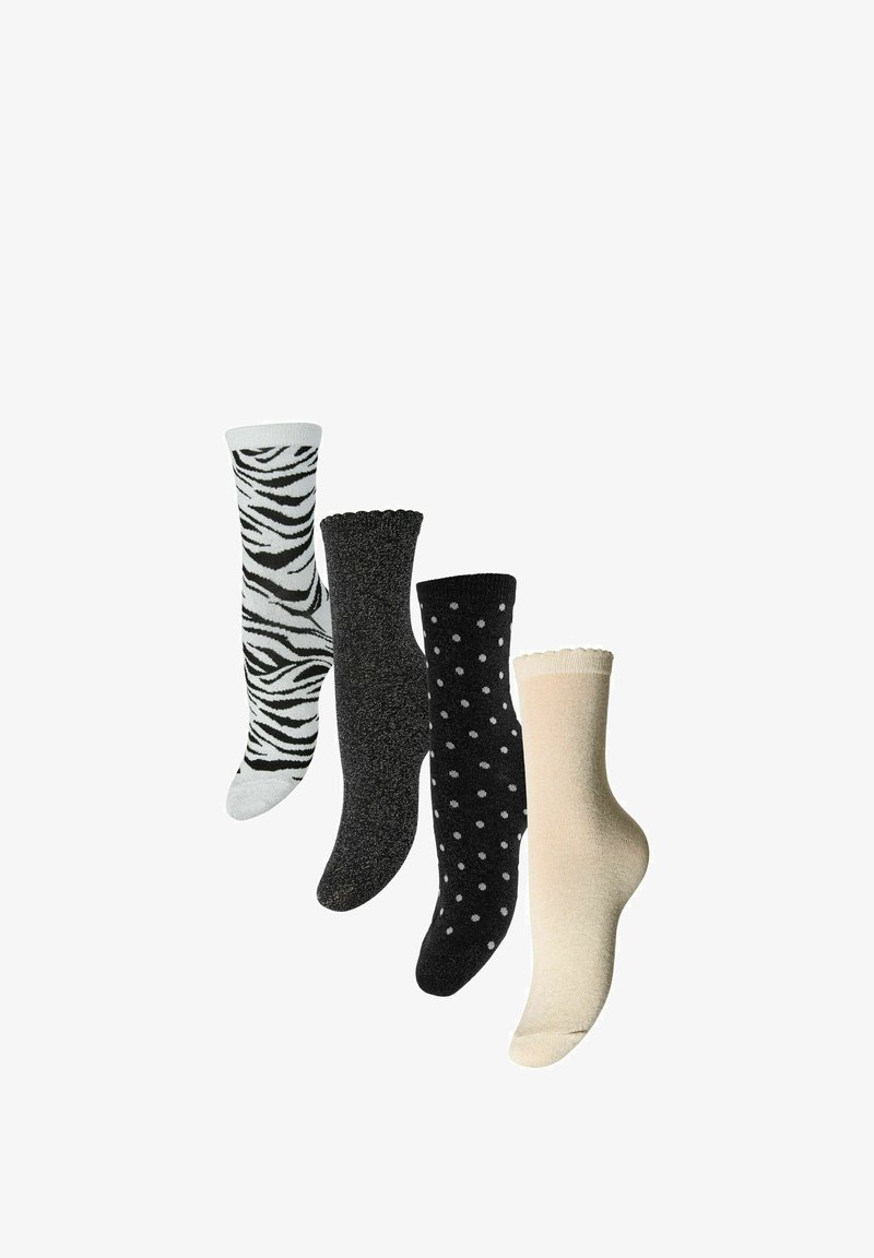 Cztery pary skarpetek: jedna w zebrę, jedna czarna z fakturą, jedna czarna w białe kropki oraz jedna jednolita beżowa.