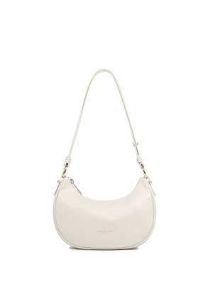 Petit sac à épaule en cuir blanc avec une forme incurvée, des accessoires dorés, et le logo "Lancaster Paris" à l'avant.