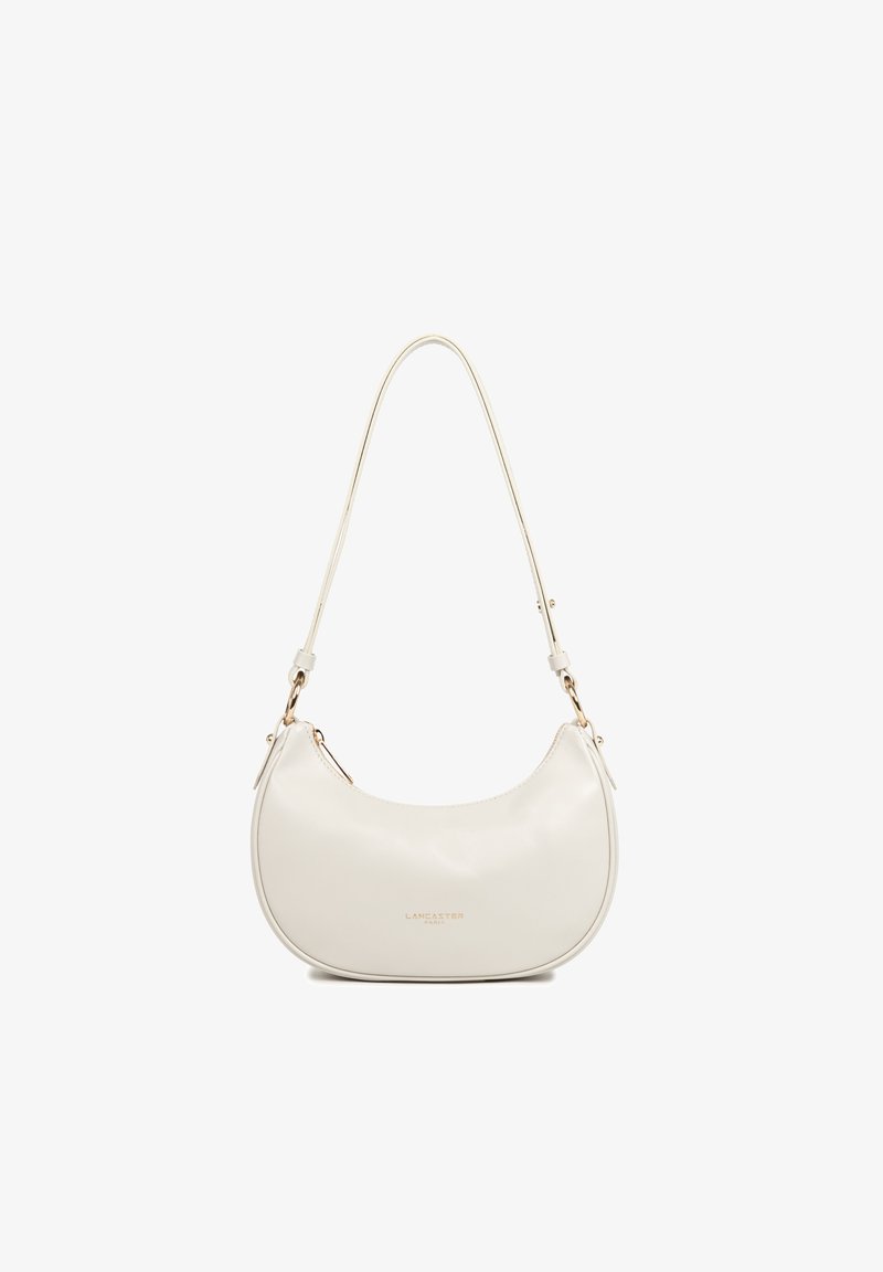 Small white leather shoulder bag with curved shape, gold hardware, and "Lancaster Paris" logo on front.