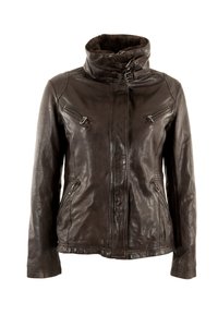 Veste en cuir marron avec col montant, fermeture éclair à l'avant et plusieurs poches zippées. Comprend des détails cousus et une doublure intérieure douce.