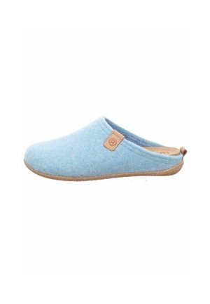 Light blue felt slippers with a curved upper, cork sole, and a small leather patch detailing on the side. Simple, minimalist design.