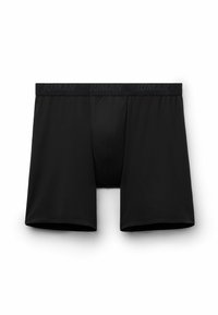 Bóxer negro con cintura elástica que presenta el logo "IUMAN" en un patrón texturizado. Fabricado con un tejido suave y elástico.