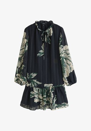 Next, REGULAR FIT - TIE FRONT TIERED LONG SLEEVE MINI - Denné šaty - black textured floral