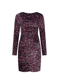 Robe courte en velours à fleurs foncées avec manches courtes, fronces sur les côtés, décolleté arrondi et longueur mi-cuisse.