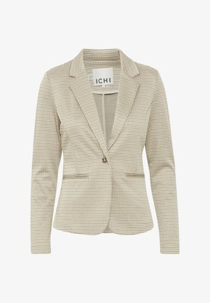 Blazer en tartan beige avec un col en V, fermeture à un seul bouton, deux poches avant et une finition en tissu texturé.
