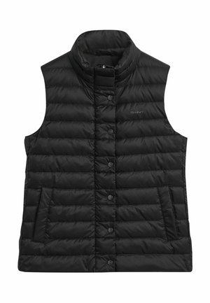 Zwarte mouwloze puffer vest met een hoge kraag, voorzien van een knoopsluiting, horizontale gestikte textuur en zijzakken. GANT-logo gedrukt.