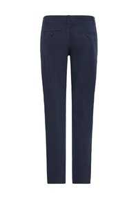 Marineblaue, taillierte Hose mit glatter Textur, ausgestattet mit zwei Gesäßtaschen mit Knopfverschluss. Gerades Bein-Design, minimalistische Details.