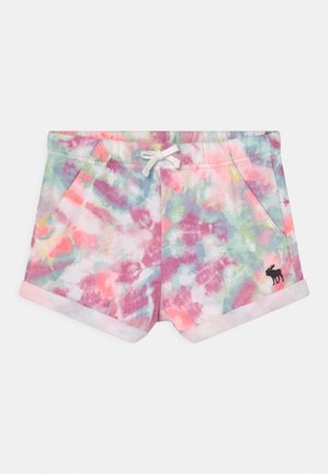 Bunte Batik-Shorts mit Fronttaschen, elastischem Bund, weißem Kordelzug, umgeschlagenem Saum und kleinem schwarzem Elch-Logo am linken Bein.